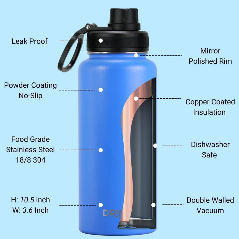 DRINCO Stainless Steel Water Bottle Spout Lid Vacuum Insulated Double Wall Water Bottle Wide Mouth (40oz 32oz 22oz 18oz 14oz) Leak Proof Keep Cold Sport Camping Hiking (32 oz, 32oz Royal Blue) - Image 4
